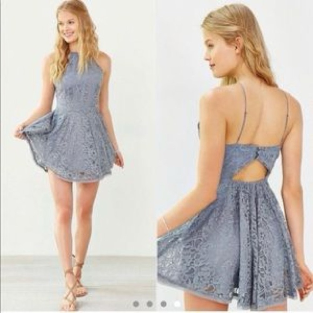 🌟3 for $30🌟 | Kimchi Blue | Lace Fit‑and‑Flare Halter Mini | Slate Blue | M